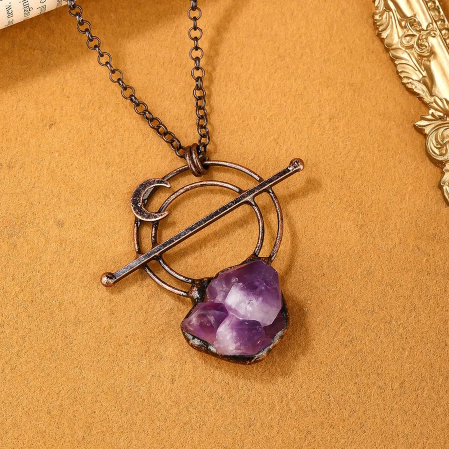 Amethyst Crystal Moon Pendant Necklace – Copper Natural Stone Jewelry
