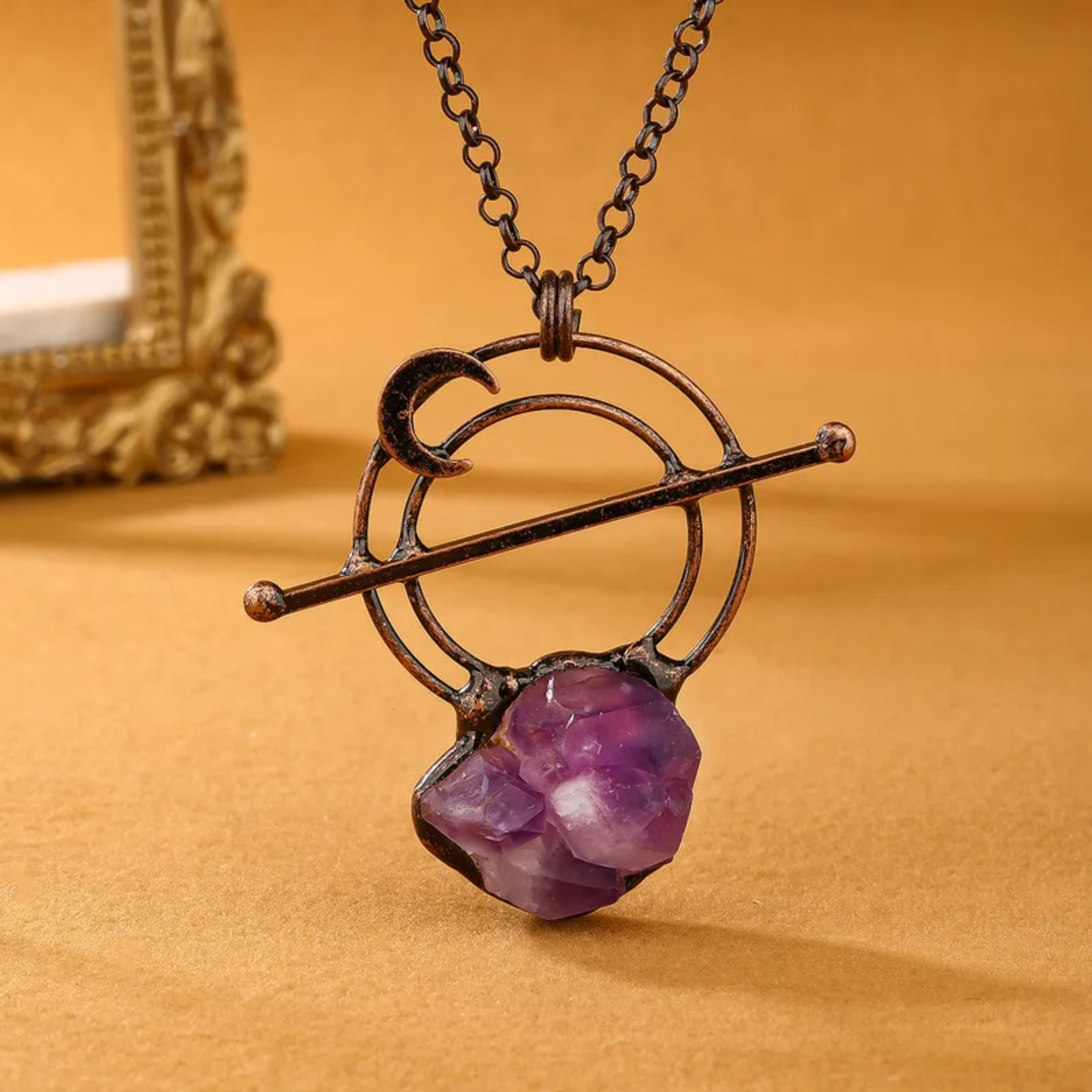 Amethyst Crystal Moon Pendant Necklace – Copper Natural Stone Jewelry