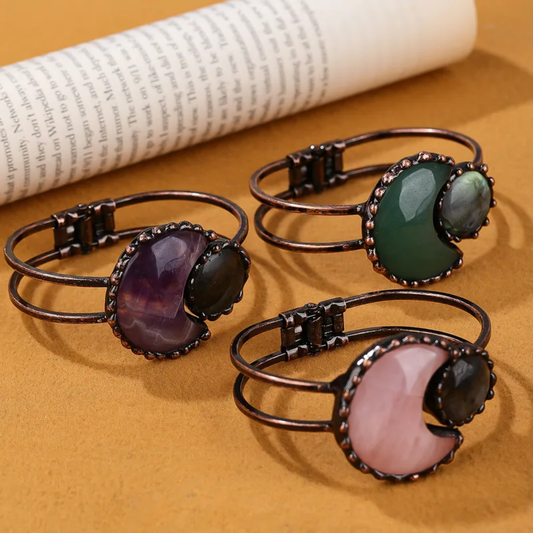 Moon-Inspired Natural Stone Copper Bangle – Handmade Crystal Bracelet