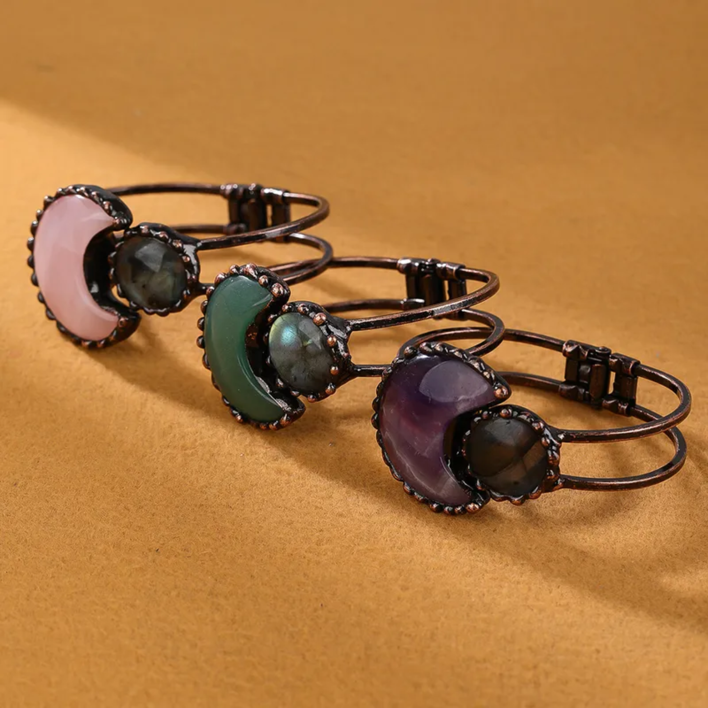 Moon-Inspired Natural Stone Copper Bangle – Handmade Crystal Bracelet