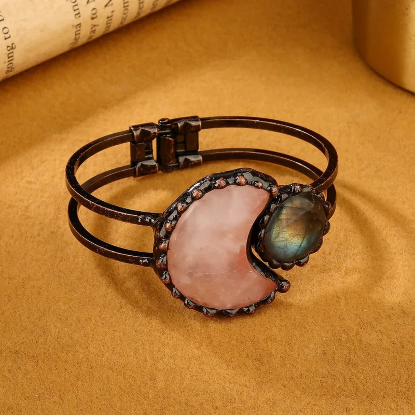 Moon-Inspired Natural Stone Copper Bangle – Handmade Crystal Bracelet