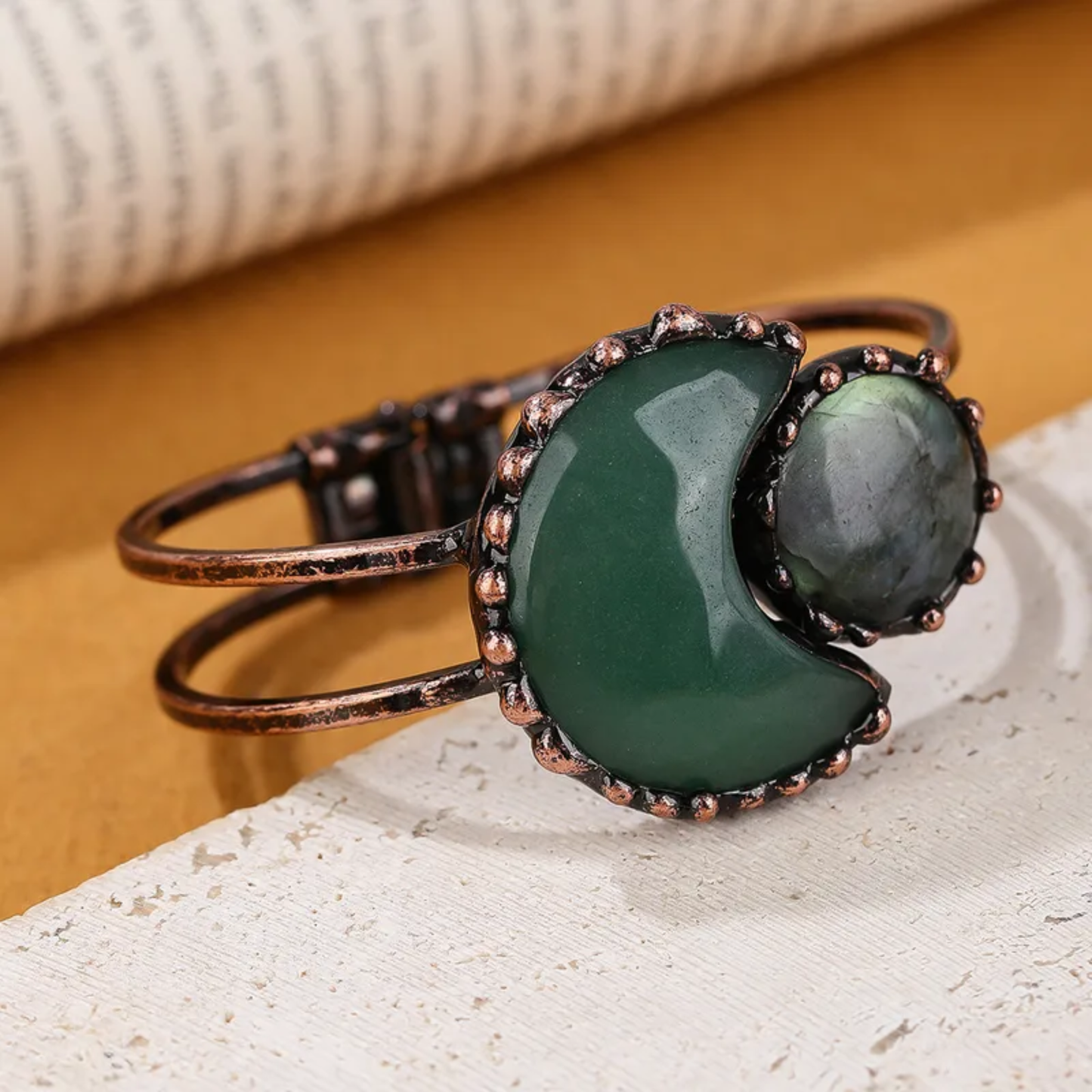 Moon-Inspired Natural Stone Copper Bangle – Handmade Crystal Bracelet