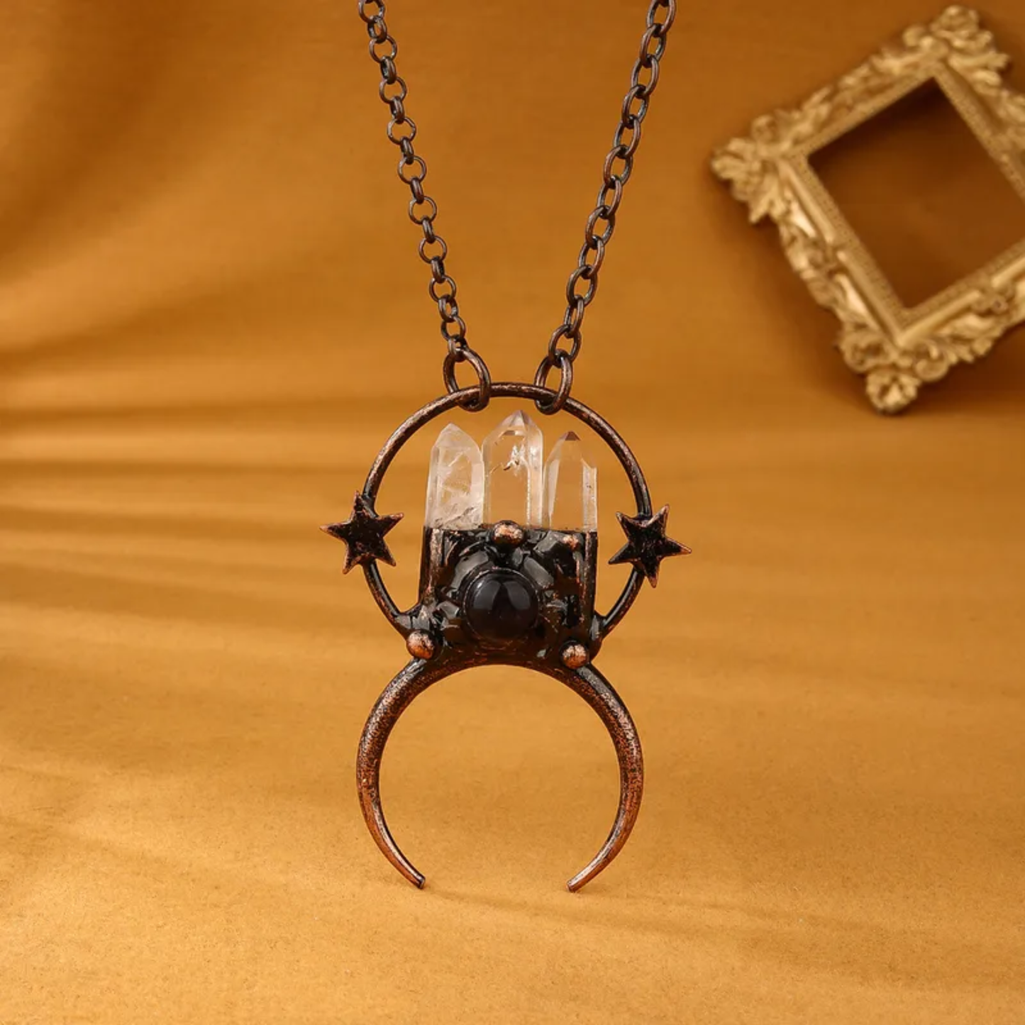 Clear Quartz Point Crystal Pendant Star Necklace – Handmade Copper Statement Jewelry