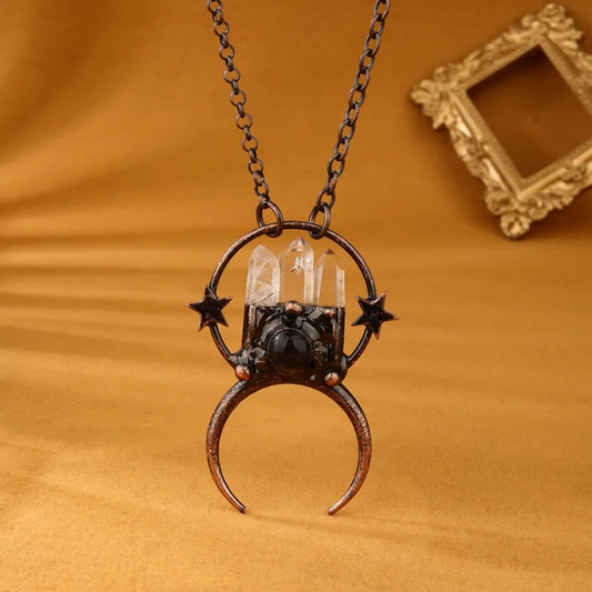 Clear Quartz Point Crystal Pendant Star Necklace – Handmade Copper Statement Jewelry