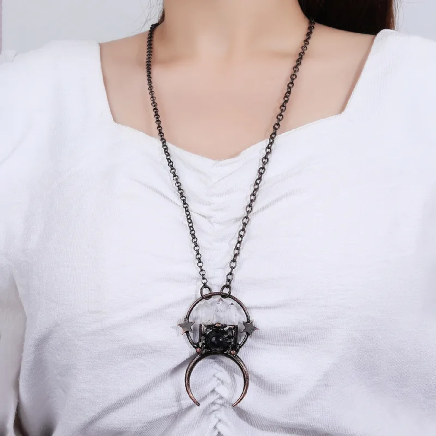 Clear Quartz Point Crystal Pendant Star Necklace – Handmade Copper Statement Jewelry