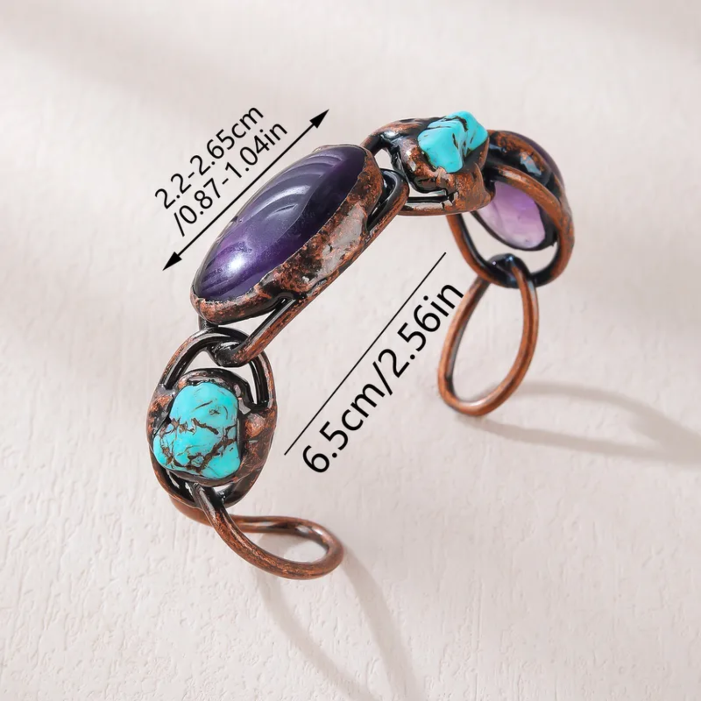 Baroque Irregular Crystal Copper Bangle – Turquoise & Amethyst Vintage Statement Bracelet