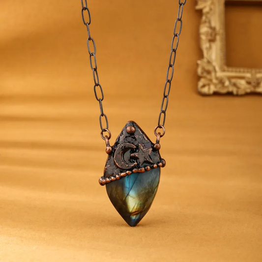 Wizard Hat Labradorite Pendant Necklace – Handmade Copper Statement Piece