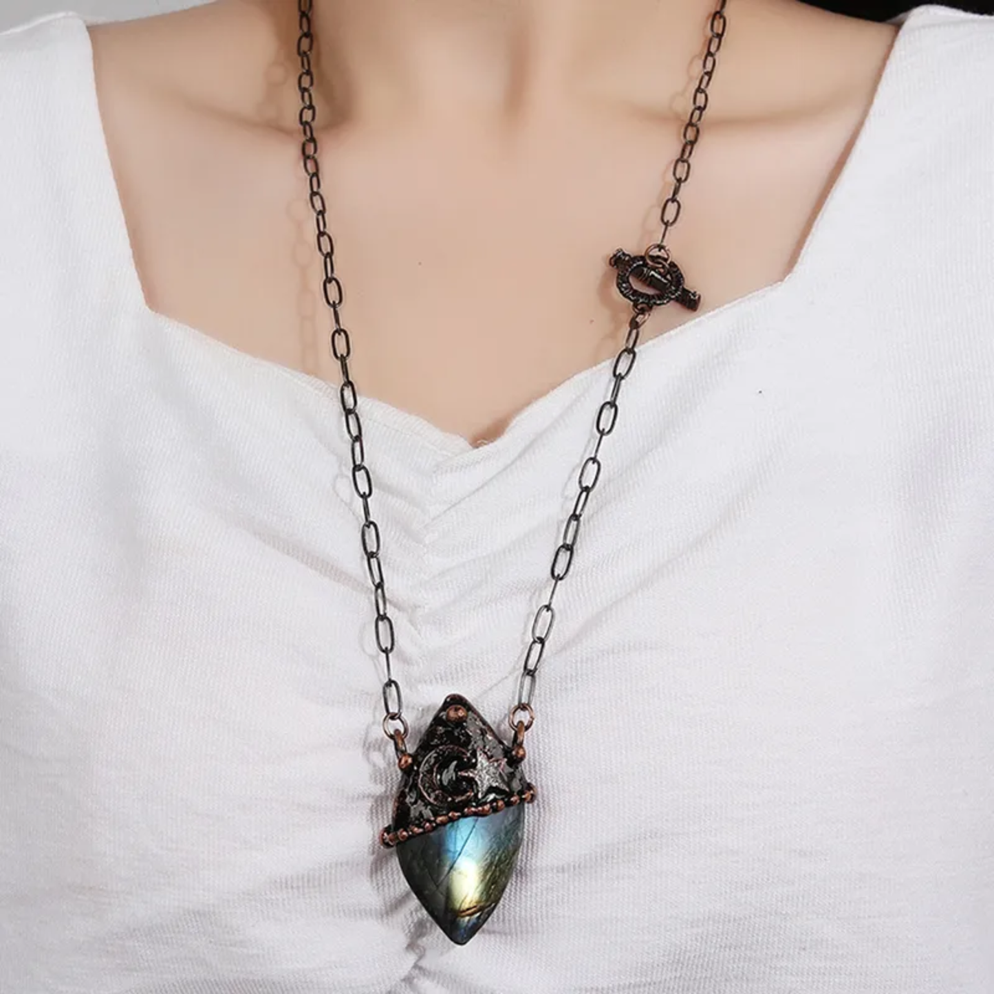 Wizard Hat Labradorite Pendant Necklace – Handmade Copper Statement Piece