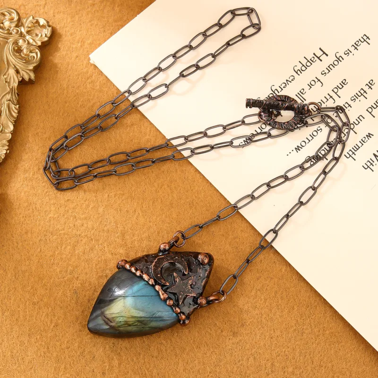 Wizard Hat Labradorite Pendant Necklace – Handmade Copper Statement Piece